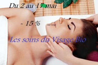 L'offre du mois de Mai 2023 : 

Bénéficiez de - 15% sur les Soins Visage Bio. 

Venez découvrir les Soins Visage Bio et laissez vous guider par la douceur d'un soin bienveillant pour lâcher prise et avoir une peau lumineuse 🧖‍♀️🥰 

Faites-vous plaisir ou faites plaisir en offrant un bon cadeau 🎁 🌺