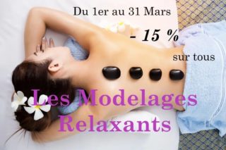 L'Offre du mois de Mars 2023 : 

Bénéficiez de -15 % sur les Modelages Relaxants. 

Le modelage aide l'organisme à se détendre...😊
C'est un vrai moyen naturel de relaxation et de stimulation pour le corps.
Venez profiter d'un moment de bien-être à prix tout doux 💆‍♀️ 

Faites vous plaisir ou faites plaisir en offrant un bon cadeau 🎁