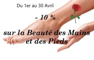 L'offre du mois de D'Avril 2023 : 

Bénéficiez de - 10% sur la Beauté des Mains et des Pieds. 

Prenez soin de vos Mains et de vos Pieds en leur faisant profiter de soins complet, tout en les habillant de couleurs 💅🥰 

Faites-vous plaisir ou faites plaisir en offrant un bon cadeau 🎁