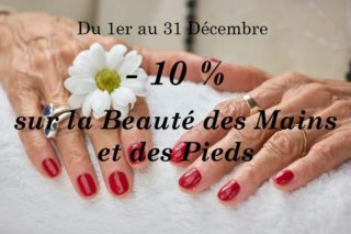 L'offre du mois de Décembre 2022 🎅 🌟 :

Bénéficiez de - 10% sur la Beauté des Mains et des Pieds. 

Prenez soin de vos Mains et de vos Pieds en leur faisant profiter de soins complet, tout en les habillant de couleurs 💅🥰 

Faites-vous plaisir ou faites plaisir en offrant un bon cadeau 🎁